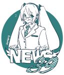  1girl bespectacled collared_shirt english_text glasses hair_between_eyes hair_ornament hatsune_miku haun headphones jacket long_hair looking_at_viewer monochrome nail_polish necktie news_39_(vocaloid) notice_lines shirt simple_background sketch smile solo twintails upper_body very_long_hair vocaloid 