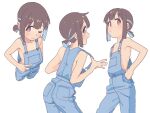  1girl :/ ;) bare_arms bare_shoulders blue_hair brown_eyes brown_hair colored_inner_hair commentary flat_chest hand_on_hip highres hozuki_momiji kuukyokurui multicolored_hair multiple_views naked_overalls one_eye_closed onii-chan_wa_oshimai! overalls short_hair short_ponytail simple_background smile two-tone_hair v white_background 