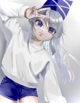  :3 blue_eyes blue_headwear blue_shorts grey_hair hand_up hat long_hair looking_at_viewer mononobe_no_futo oishiinori_1248 ponytail shorts simple_background sweater tate_eboshi touhou v white_background white_sweater 