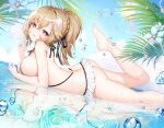 1girl apple_caramel ass bangs bikini blonde_hair blush breasts commission flower frilled_bikini frills hair_ornament highres large_breasts long_hair looking_at_viewer lying on_stomach original outdoors pixiv_commission ponytail reflection ribbon smile solo swimsuit thighs water wet 