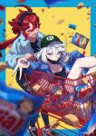  2girls bangs baseball_cap black_hairband black_shirt blue_border blue_shirt blurry blurry_foreground border breasts cleavage closed_eyes collared_shirt feet_out_of_frame food green_headwear grey_eyes grey_hair gundam gundam_suisei_no_majo hair_between_eyes hairband hat highres in_shopping_cart long_sleeves looking_at_viewer low_ponytail mask miorine_rembran mouth_mask multiple_girls mwoji open_mouth pale_skin red_hair shirt shirt_under_shirt shoes shopping_cart short_hair_with_long_locks shorts smile sneakers suletta_mercury thick_eyebrows v 