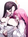  2girls ahoge black_bra black_hair bouncing_breasts bow bra breasts cleavage collar copyright_request earrings face_to_breasts green_eyes highres jewelry large_breasts long_hair long_sleeves looking_at_another looking_at_breasts motion_blur multiple_girls off_shoulder open_clothes open_mouth pink_hair red_bow red_eyes simple_background tearing_up underwear upper_body white_collar yaguo 