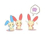  black_eyes blush chya_dan_go12 closed_mouth commentary_request ditto highres minun no_humans plusle pokemon pokemon_(creature) sitting smile sparkle spoken_character standing transformed_ditto white_background 