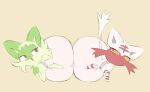  2022 big_diaper diaper duo female feral fur generation_7_pokemon generation_9_pokemon green_background green_body green_fur hi_res labbit1337 litten nintendo pokemon pokemon_(species) red_body red_fur shiny_pokemon simple_background sprigatito white_body white_fur 