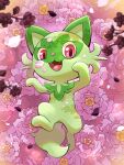  3:4 absurd_res ambiguous_gender colored digital_media_(artwork) digital_painting_(artwork) feral flower flower_petals fur fur_tuft generation_9_pokemon green_body green_ears green_paws green_tail hakkentai_pkdn hi_res looking_at_viewer lying multicolored_body nintendo on_back open_mouth pawpads petals pink_flower pink_nose pink_pawpads pink_tongue plant pokemon pokemon_(species) quadruped red_eyes shadow sharp_teeth signature solo sprigatito tail teeth tongue tuft two_tone_body 