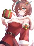  1girl bell belt blue_eyes bow box breasts brown_hair christmas dress fur-trimmed_dress fur_trim gift gift_box hair_between_eyes hair_bow hair_ornament hanma_(user_emma7355) heart highres holly horse_girl large_breasts metal_hairband mihono_bourbon_(umamusume) multicolored_bow red_dress santa_dress solo umamusume 