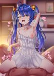  1boy 1girl :d absurdres ahoge amamiya_kokoro arm_behind_head armpits bangs bar_censor bell blue_hair blush breasts censored condom condom_packet_strip condom_wrapper eromegane3103 fang hair_bell hair_ornament heart hetero highres long_hair looking_at_viewer navel nijisanji nipples one_breast_out panties see-through sex sitting sitting_on_person skin_fang small_breasts smile tongue twintails underwear virtual_youtuber white_panties yellow_eyes 