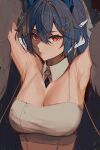  1girl absurdres armpits arms_up bare_shoulders blue_hair breasts camisole cleavage cloud9 commentary crop_top detached_collar hair_between_eyes hair_ornament highres large_breasts midriff naokomama red_eyes solo spaghetti_strap upper_body vienna_(vtuber) 