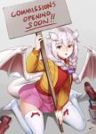  1girl :o ahoge bangs bow_legwear braid brown_eyes commentary demon_girl demon_horns demon_tail demon_wings english_commentary english_text grey_background hair_between_eyes holding holding_sign horns jacket lilim_(monster_girl_encyclopedia) long_hair long_sleeves looking_at_viewer maritan_(pixelmaritan) monster_girl_encyclopedia open_mouth orange_jacket original paint_can pink_skirt pointy_ears red_footwear red_shirt runa_(maritan) shirt shoes shoes_removed sign simple_background sitting skirt solo tail thighhighs twin_braids wariza white_hair white_thighhighs wings zettai_ryouiki 