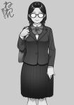  1girl bag bow bowtie braid commentary_request glasses greyscale jacket low_twin_braids medium_skirt monochrome neone opaque_glasses original pleated_skirt school_bag school_uniform signature skirt smile solo twin_braids 