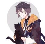  1boy :3 animal black_cat black_hair brown_eyes cat closed_mouth corpse_heart grey_background hayuki106 holding holding_animal holding_cat kirumi_(corpse_heart) looking_down male_focus multicolored_background short_hair solo white_background 