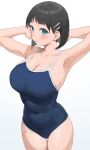  1girl armpits arms_up asymmetrical_bangs bangs black_hair blue_eyes blue_one-piece_swimsuit blunt_ends blush bob_cut breasts cleavage collarbone covered_navel grey_background hair_ornament hairclip hairpin highres kirigaya_suguha large_breasts large_buttons looking_at_viewer nekoshoko one-piece_swimsuit open_mouth school_swimsuit short_hair simple_background solo swimsuit sword_art_online thigh_gap thighs white_background 
