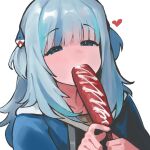  1girl animal_hood bangs blue_eyes blue_hair collarbone corn_dog dismassd eating food food_in_mouth gawr_gura heart holding holding_food hololive hololive_english hood long_hair open_mouth shark_hood short_twintails simple_background solo twintails virtual_youtuber 