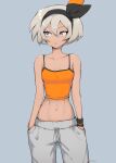  1girl :&lt; abs bea_(pokemon) black_hairband blue_eyes breasts camisole casual collarbone cowboy_shot crop_top dark-skinned_female dark_skin grey_background hair_between_eyes hairband hands_in_pockets highres light_brown_hair looking_to_the_side milka_(milk4ppl) navel pants pokemon pokemon_(game) pokemon_swsh short_hair small_breasts solo toned track_pants wristband 