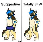  anthro bandanna bandanna_on_neck blue_hair blue_markings blue_pawpads briefs brown_body brown_fur canid canine canis cheek_tuft chest_tuft clothing domestic_dog english_text facial_tuft fur german_shepherd hair half-closed_eyes herding_dog hi_res humor inner_ear_fluff kerchief male mammal markings narrowed_eyes pastoral_dog pawpads paws shep_(shepgoesblep) shepgoesblep simple_background smile smirk smug smug_face solo tan_body tan_fur text tuft two_panel_image underwear white_background yellow_body yellow_fur 