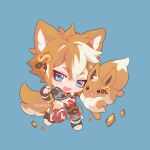  1boy :3 :d animal_ears armor artist_name bangs black_gloves blue_background blue_eyes blush brown_hair chibi commentary dog_boy dog_ears dog_tail eevee eyeshadow fang fingerless_gloves full_body genshin_impact gloves gorou_(genshin_impact) grey_pants hair_between_eyes hair_ornament hand_up igote japanese_armor japanese_clothes kouhaku_nawa looking_at_viewer makeup mootecky multicolored_hair open_mouth pants pokemon pokemon_(creature) red_eyeshadow rope shimenawa shirt short_eyebrows short_hair shoulder_armor sidelocks simple_background smile sode streaked_hair tail thick_eyebrows two-tone_hair white_hair 
