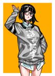  1girl :o absurdres arm_up bangs black_hair blush border character_request copyright_request earrings glasses grey_sweater hand_in_pocket highres jewelry long_shirt long_sleeves looking_at_viewer open_mouth shirt short_hair simple_background solo standing sweater white_border white_shirt yotaro 