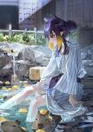  1girl blonde_hair capybara food fruit grey_eyes hair_bun highres hololive hololive_english long_hair long_sleeves multicolored_hair ninomae_ina&#039;nis onsen open_mouth outdoors partially_submerged pointy_ears purple_hair quasarcake shishi_odoshi sitting smile solo tentacle_hair virtual_youtuber washbowl water yuzu_(fruit) yuzu_bath 