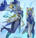  anthro blue_body blue_eyes blue_fur canid canine canis crystal_maiden crystal_maiden_wolf_persona dancing dota female fur ganyu_(genshin_impact) genshin_impact hi_res ice magic magic_user mammal mihoyo nezari solo spellcasting wolf 