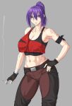  1girl abs blue_eyes breasts cigarette clenched_teeth fingerless_gloves gloves grey_background highres large_breasts looking_at_viewer muscular muscular_female navel original ozaneko ponytail purple_hair solo teeth zoids 