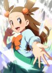  1girl brown_eyes crystal dress hair_bobbles hair_ornament hand_up jasmine_(pokemon) light_brown_hair looking_at_viewer oooise open_mouth outstretched_arm pokemon pokemon_(game) pokemon_hgss smile solo teeth tongue upper_body 