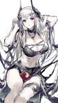  1girl apple arknights arms_up bikini bitten_apple black_bikini black_choker black_shawl breasts choker flower food food_bite fruit hair_flower hair_flowing_over hair_ornament highres horns infection_monitor_(arknights) jewelry long_hair looking_at_viewer mudrock_(arknights) mudrock_(silent_night)_(arknights) navel necklace oripathy_lesion_(arknights) parted_lips pointy_ears red_eyes remsrar ribbon shawl sitting solo swimsuit very_long_hair white_background white_hair white_ribbon 