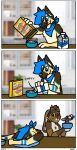  3_panel_comic anthro bandanna bandanna_on_neck blue_hair blue_tongue bodily_fluids border bowl brown_body brown_fur canid canine canis cereal cereal_box container crying domestic_dog duo eyewear eyewear_on_head floppy_ears food fur german_shepherd goggles goggles_on_head hair herding_dog hi_res humor kerchief lagomorph leporid licking licking_lips male mammal milk pastoral_dog rabbit savaj shep_(shepgoesblep) shepgoesblep tan_body tan_fur tears tongue tongue_out white_border wide_eyed yellow_body yellow_fur 