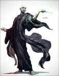  1boy angry bald bangs barefoot black_cloak cloak colored_skin full_body grey_background grey_skin harry_potter_(series) holding holding_wand k-suwabe long_sleeves male_focus simple_background solo standing teeth voldemort wand 