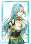  1girl :d absurdres aqua_hair armor blue_border border bow breasts chloe_(fire_emblem) cleavage commentary_request cowboy_shot elbow_gloves fire_emblem fire_emblem_engage gloves green_eyes green_skirt green_tapir hair_between_eyes hair_bow highres large_breasts long_hair looking_at_viewer open_mouth outside_border partial_commentary pauldrons red_bow shoulder_armor skirt smile solo standing very_long_hair white_background white_gloves 