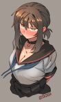  1girl arms_behind_back artist_logo artist_name bangs black_choker black_hair black_sailor_collar black_skirt blush breasts choker cleavage closed_mouth ergot fubuki_(kancolle) fubuki_kai_ni_(kancolle) green_eyes grey_background hair_between_eyes heart-shaped_lock heart_lock_(kantai_collection) kantai_collection large_breasts pleated_skirt sailor_collar school_uniform serafuku short_hair short_ponytail short_sleeves simple_background skirt solo upper_body 