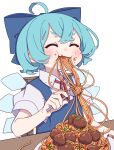  1girl absurdres bangs blue_bow blue_hair blue_shirt blush bow chair cirno closed_eyes collared_shirt detached_wings eating fairy food food_on_clothes food_on_face fork hair_between_eyes hair_bow highres holding holding_fork ice ice_wings kame_(kamepan44231) meatball pasta puffy_short_sleeves puffy_sleeves shirt short_hair short_sleeves simple_background sitting smile solo touhou white_background white_shirt wings 