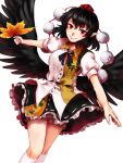  1girl bangs bird_wings black_feathers black_hair black_skirt black_wings bloomers breasts closed_mouth feathered_wings feathers feet_out_of_frame geta hair_between_eyes hand_fan hat hauchiwa highres holding holding_fan kneehighs kuya_(hey36253625) large_breasts leaf_print looking_at_viewer low_wings medium_hair pointy_ears pom_pom_(clothes) red_eyes shameimaru_aya short_sleeves skirt smile socks solo spread_wings tokin_hat touhou underwear wings 