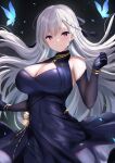  1girl azur_lane bare_shoulders belfast_(azur_lane) belfast_(the_noble_attendant)_(azur_lane) blue_butterfly braid breasts broken broken_chain bug butterfly chain cleavage criss-cross_halter dress elbow_gloves evening_gown floating_hair french_braid gloves gold_bracelet gold_chain grey_hair halter_dress halterneck highres large_breasts long_hair looking_at_viewer manda_(manda9n) official_alternate_costume purple_dress purple_eyes purple_gloves sleeveless sleeveless_dress solo very_long_hair 