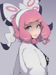  1girl blue_eyes bow breasts drill_hair hair_bow hair_ornament half-closed_eyes highres jacket klara_(pokemon) looking_at_viewer looking_back milka_(milk4ppl) mole mole_under_mouth parted_lips pink_hair pokemon pokemon_(game) pokemon_swsh smile smirk solo twin_drills wavy_mouth 