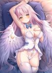  1girl angel_wings arm_up armpits babydoll bangs bed_sheet blue_archive blue_bow blue_bowtie blush bow bowtie breasts cleavage closed_mouth clothing_cutout collar crescent cross detached_collar feathered_wings frilled_babydoll from_above garter_straps groin hand_on_own_chest head_on_pillow highleg highres long_hair looking_at_viewer lying medium_breasts mika_(blue_archive) navel_cutout on_back pillow pink_hair smile solo star_(symbol) thighhighs thighs umou_(may65879) very_long_hair white_babydoll white_collar white_garter_straps white_thighhighs white_wings wing_ornament wings yellow_eyes 