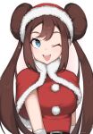  1girl bangs belt blue_eyes blush brown_hair capelet christmas double_bun eyelashes fur-trimmed_capelet fur_trim hair_bun hat highres long_hair milka_(milk4ppl) official_alternate_costume one_eye_closed open_mouth pokemon pokemon_(game) pokemon_masters_ex red_capelet rosa_(holiday_2019)_(pokemon) rosa_(pokemon) santa_hat sidelocks sideways_glance smile solo sparkle teeth tongue twintails upper_body white_background 