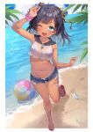  1girl absurdres aqua_eyes arm_up beach bikini bikini_tan black_hair blue_bikini breasts cone_hair_bun denim denim_shorts double_bun flip-flops full_body hair_bun hair_ribbon highres indie_virtual_youtuber kiritori_sen_(vtuber) looking_at_viewer medium_hair navel one_eye_closed open_mouth ribbon sandals scrunchie second-party_source see-through short_shorts shorts sleeveless small_breasts solo standing standing_on_one_leg strap_slip striped striped_bikini swimsuit tan tanlines trente v virtual_youtuber wrist_scrunchie yellow_nails yellow_ribbon zipper zipper_pull_tab 