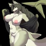  2023 absurd_res anthro areola breasts digital_media_(artwork) ear_piercing eyebrows female fingers fish fur hair hi_res hybrid long_hair looking_at_viewer marine nipples piercing shark simple_background smile solo taphris tongue tongue_out yellow_eyes 