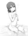  1girl bangs blush breasts collarbone commentary dot_nose eyelashes greyscale hair_between_eyes hands_up holding holding_towel idolmaster idolmaster_million_live! kasuga_mirai looking_at_viewer minazuki_tooru monochrome naked_towel onsen partially_submerged short_hair sidelocks sitting small_breasts smile solo steam stone_floor thighs towel wet white_background 
