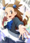  1girl alternate_color brown_eyes crystal dress hair_bobbles hair_ornament hand_up jasmine_(pokemon) light_brown_hair looking_at_viewer oooise open_mouth outstretched_arm pokemon pokemon_(game) pokemon_masters_ex smile solo teeth tongue 