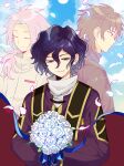  3boys bangs blue_hair blue_sky bouquet brown_eyes brown_hair brown_jacket closed_eyes closed_mouth commentary_request dark_blue_hair flower grey_eyes harada_minoru hatsutori_hajime holding holding_bouquet jacket long_hair long_sleeves male_focus medu_(rubish) multiple_boys parted_bangs petals pink_hair purple_robe purple_sweater robe rose rose_petals saibou_shinkyoku shirt short_hair sky smile stole sweater turtleneck turtleneck_sweater utsugi_noriyuki white_flower white_rose white_shirt 