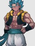  1boy arm_at_side blue_eyes blue_hair closed_mouth dragon_ball dragon_ball_super gogeta hand_on_hip kemachiku light_smile looking_at_viewer male_focus metamoran_vest muscular muscular_male pants sash solo standing super_saiyan super_saiyan_blue white_pants 