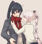  2girls black_hair bow bowtie closed_eyes flying_sweatdrops grey_background grey_jacket hair_ribbon jacket kantai_collection long_hair multiple_girls official_alternate_costume pink_hair ponytail red_bow red_bowtie red_eyes red_scarf ribbon rindou_(rindou_annon) scarf sidelocks simple_background sweater upper_body very_long_hair white_sweater yahagi_(kancolle) yura_(kancolle) 