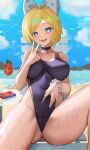  1girl absurdres black_choker black_one-piece_swimsuit blonde_hair blue_eyes blue_sky bow breasts chinese_commentary choker cloud commentary_request cowboy_shot day drink hair_bow highleg highleg_swimsuit highres jixo_(user_nzhc8728) large_breasts multicolored_nails nail_polish one-piece_swimsuit original outdoors short_hair sitting sky solo spread_legs swimsuit two-tone_swimsuit water 