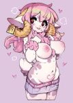  1girl absurdres animal_ears breasts commentary cum ear_tag english_commentary furry furry_female highres horns kaneko_mimi large_breasts nipples nude original pubic_tattoo purple_eyes purple_hair revision sheep_ears sheep_horns sheep_tail shorts slugbox solo tail tattoo 