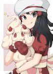  1girl :q alcremie alcremie_(strawberry_sweet) apron artist_name black_hair border bright_pupils chef_hat closed_mouth dawn_(palentine&#039;s_2021)_(pokemon) dawn_(pokemon) dress eyelashes grey_eyes hair_ornament hairclip hat highres holding holding_pokemon light_blush long_hair milka_(milk4ppl) official_alternate_costume outside_border oven_mitts pokemon pokemon_(creature) pokemon_(game) pokemon_masters_ex red_dress red_mittens short_sleeves sidelocks smile star_(symbol) tongue tongue_out white_border 