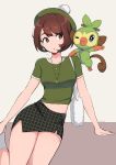  &gt;_o 1girl alternate_costume artist_name bag black_skirt breasts brown_eyes brown_hair earrings gloria_(pokemon) green_shirt grookey handbag hat highres jewelry looking_at_another medium_breasts milka_(milk4ppl) navel necklace one_eye_closed parted_lips pokemon pokemon_(creature) pokemon_(game) pokemon_swsh shirt short_hair short_sleeves skirt socks tam_o&#039;_shanter tongue tongue_out white_socks 