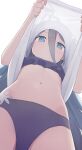  alternate_costume aris_(blue_archive) bikini blue_archive blue_eyes flat_chest from_below hair_between_eyes highres hiroki_(yyqw7151) lifted_by_self long_hair looking_at_viewer navel shirt stomach swimsuit upshirt white_shirt 