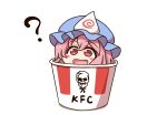  1girl :d ? bangs blue_headwear blush_stickers bucket hair_between_eyes hat highres in_bucket in_container kfc mob_cap open_mouth pink_eyes pink_hair saigyouji_yuyuko shitacemayo short_hair simple_background smile solo touhou triangular_headpiece white_background 