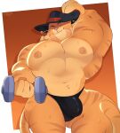  2023 anthro barazoku bedroom_eyes biceps big_bulge big_muscles big_pecs bodily_fluids border brown_background bulge clothed clothing domestic_cat dreamworks dumbbell exercise eyebrows feathers felid feline felis fur gradient_background hand_behind_head hat headgear headwear hi_res huge_muscles kirani_art looking_at_viewer male mammal muscular muscular_anthro muscular_male narrowed_eyes navel nipples obliques orange_background pecs puss_in_boots_(dreamworks) puss_in_boots_(film) seductive shadow signature simple_background smile smirk solo standing sweat thick_thighs thong topless topless_anthro topless_male tuft underwear weightlifting weights whiskers white_border workout 